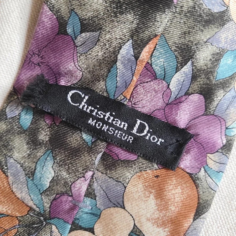 Christian Dior Monsieur 100% Silk Vintage Fruit Pear and Floral Pattern Tie